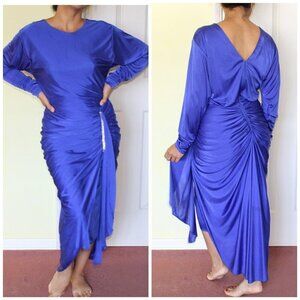 Vtg Night Moves Blue gathered Maxi Dress 9/10 Rhinestone Satin Y2K Gown Preppy